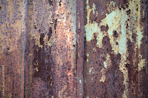 Rusty old metal surface with the remains of blue paint.