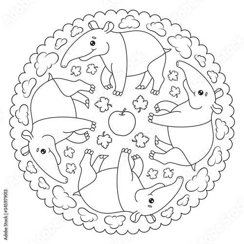 Coloring page mandala with tapir, apple, cloud, maple leaf. Vector Illustration.