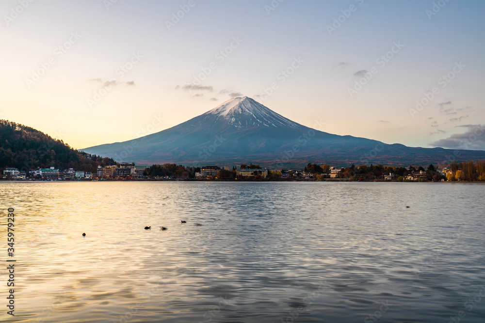 Aerial Panorama Landscape of Fuji Mountain. Iconic and Symbolic Mountain of Japan. Scenic Sunset Landscape of Fujisan at Evening Time, Kawaguchiko, Yamanashi, Japan. Aerial Panorama Landscape of Fuji Mountain. Iconic and Symbolic Mountain of Japan. Scenic Sunset Landscape of Fujisan at Evening Time, Kawaguchiko, Yamanashi, Japan.