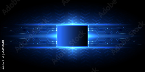 Abstract dark blue concept technology background with circuit and arrow pattern, sparkle effect and copy space for text and message in the center of artwork.