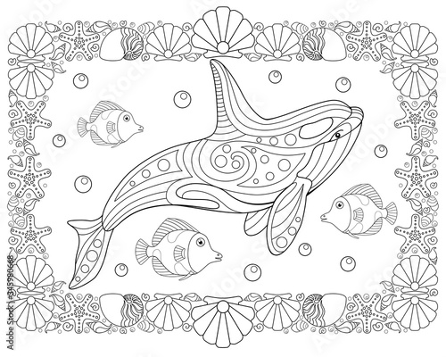 Inhabitants of the ocean - horizontal vector coloring antistress with a frame of shells and starfish. Killer whale and small fish for a coloring book. Horizontal page for coloring. Outline.