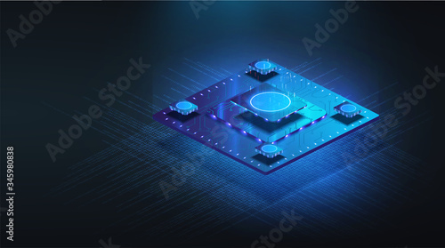 Futuristic microchip processor with lights on the blue background. Quantum computer, large data processing, database concept. CPU isometric banner. Central Computer Processors CPU concept.Digital chip