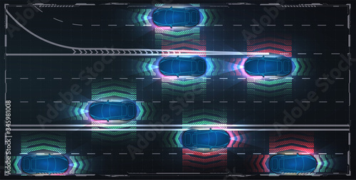 Smart cars driving on the road, driverless vehicles, top view. ADAS, ITS system. Smart car (HUD) , iot , Autonomous self-driving mode vehicle on city road iot concept with graphic sensor radar signal