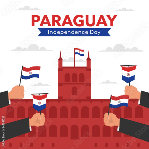 Paraguay independence day. hand holding flag with building castle silhouette for social media poster.