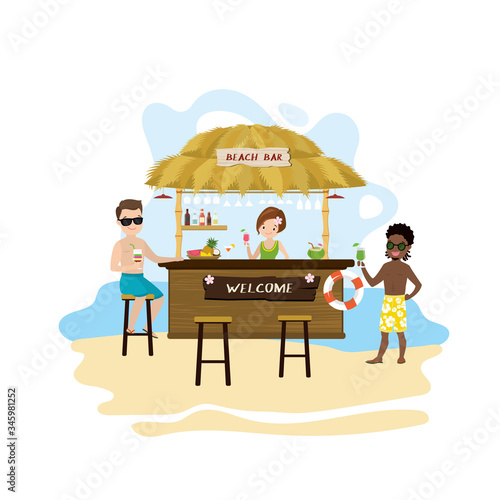 Bar bungalow on the beach ocean coast.Cartoon woman barmen and happy male visitors