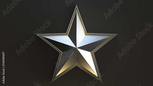 Chrome star with gold edges on black background. 3d render.