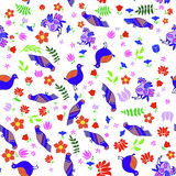 Illustration seamless pattern tribal birds with flowers.