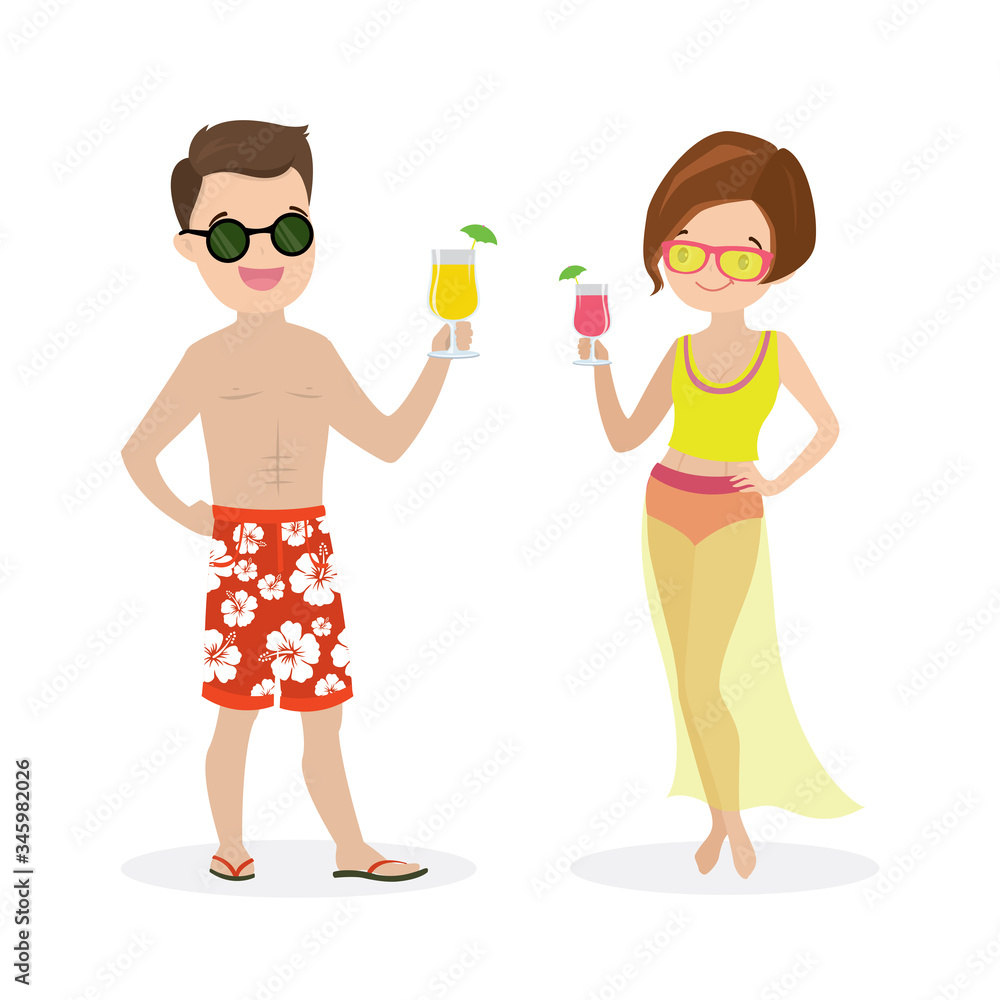 Two happy people in swimsuits. Cartoon beauty girl and guy with cocktails in hands. Two happy people in swimsuits. Cartoon beauty girl and guy with cocktails in hands.