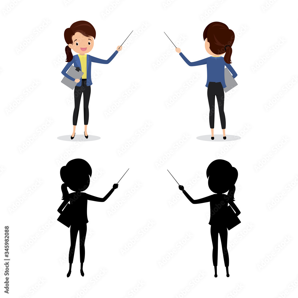 Businesswoman ot teacher with pointer, front and back view. Female silhouette. Businesswoman ot teacher with pointer, front and back view. Female silhouette.