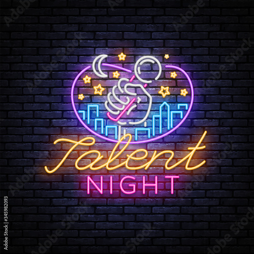 Talent Night Neon Signboard Vector. Talent Show neon sign, design template, modern trend design, night signboard, night bright advertising, light banner, light background. Vector illustration