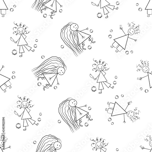 Bad hair Covid 19 quarantine vector seamless pattern. Humorous backdrop of childlike scribble drawings of girls with messy styles and coronavirus motif. Black and white isolation self care concept.