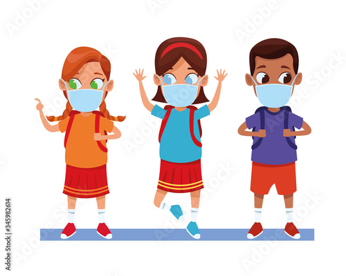 interracial kids couple using face masks for covid19