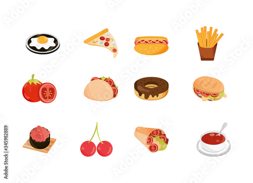 food menu restaurant snack ingredient flat style icons set