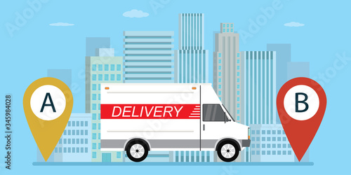 Cartoon delivery truck on city skyscrapers background. Fast delivery concept banner. Big  navigation pointers. Courier vehicle.