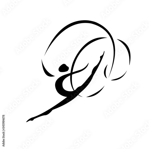 Monochromatic gymnastic logo, girl holding tape in jump on white background. Female with gymnastic tape