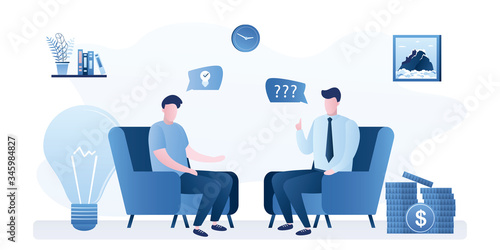 Business negotiations. Businesspeople sitting in armchairs. Office room interior. Investor talking to young startup guy with idea.