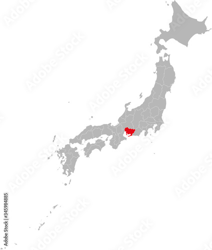 Aichi province highlighted red on Japan map. Gray background. Business concepts and backgrounds.