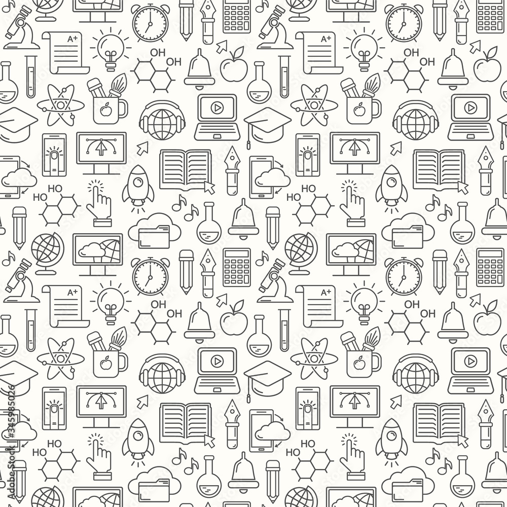 Online education seamless pattern with linear icons. E-learning, online course, webinar, e-book, video conference, home studying. Modern line style vector illustration. Stay home background.