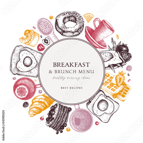 Breakfast table wreath in color. Morning food and hot drinks menu vector frame. Breakfast and brunch dishes background. Vintage hand drawn food sketches. 