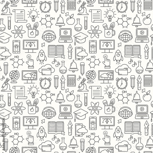 Online education seamless pattern with linear icons. E-learning, online course, webinar, e-book, video conference, home studying. Modern line style vector illustration. Stay home background.