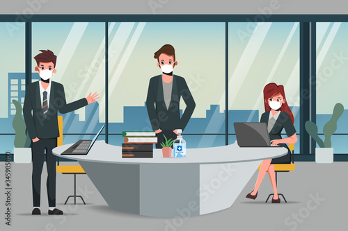 Business office people maintain social distancing meeting room. Stop covid-19 coronavirus. New normal lifestyle in job.
