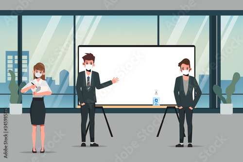 Business office people maintain social distancing meeting room. Stop covid-19 coronavirus. New normal lifestyle in job.