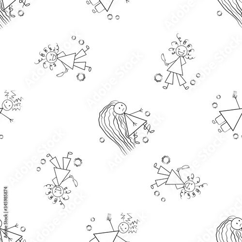 Bad hair Covid 19 quarantine vector seamless pattern. Humorous backdrop of childlike scribble drawings of girls with messy styles and coronavirus motif. Black and white isolation self care concept.