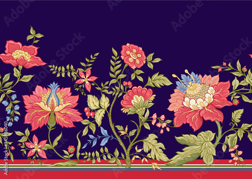 Seamless pattern with stylized ornamental flowers in retro, vintage style. Jacobin embroidery. Colored vector illustration on blue background.