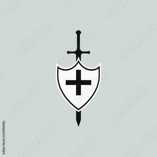 Shield with cross and sword, emblem of protection, defense, protect yourself from something Vector illustration
