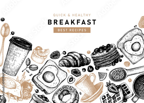 Breakfast table top view frame in color. Morning food and hot drinks menu vector template. Breakfasts and brunches dishes background. Vintage hand drawn food sketches. 