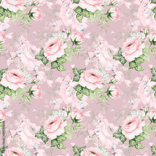 Fototapeta Naklejka Na Ścianę i Meble -  Seamless pattern beautiful roses, herbs and butterflies painted on paper with paints