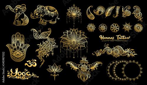 Set of elements for design in mehendi, traditional indian henna style. Ethnic style compositions. Floral ornaments and mandalas in gold and black. Vector illustration..