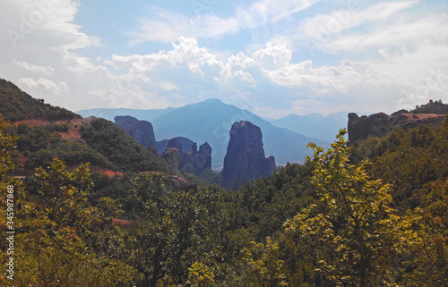 Landscape in Meteora with the Balkan mountain chain in the rear. Greece.