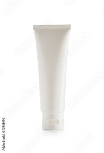 white plastic blank cream tube for mockup cosmetics package isolated on white background with clipping path