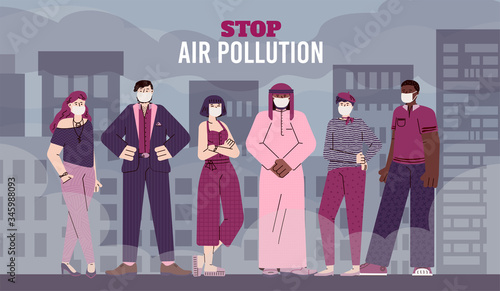 Stop air pollution banner with cartoon people wearing face masks