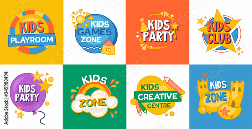 Kids game zone flat icon collection. Banner for playing area, children party or school vector illustration set. Entertainment and playground concept