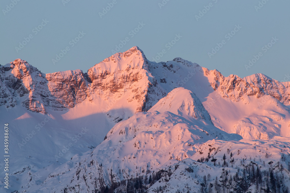 Sunlit mountains in Bohinj valley