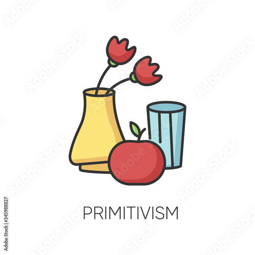 Primitivism RGB color icon. Vase with flowers and fruit painting in minimalism style. Western modern cultural movement. Still life. Isolated vector illustration