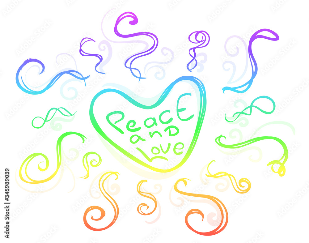 Colorful heart with inscription Peace and Love. Wavy colored rays. Colors of the seven chakras. Element for your design. Isolated.