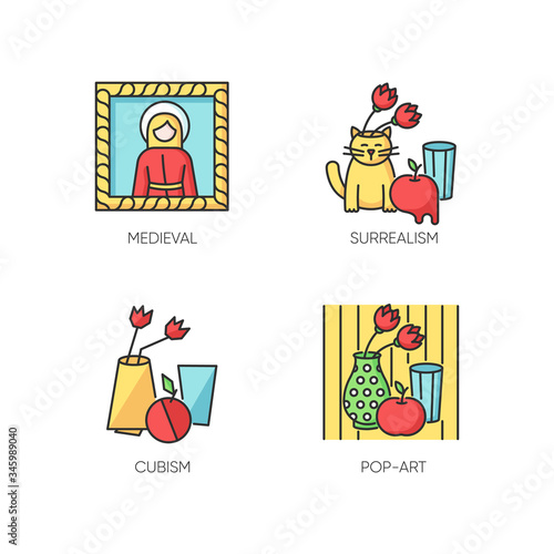 Art movements RGB color icons set. Surrealism and cubism styles. Medieval portrait and pop art still life paintings. Isolated vector illustrations