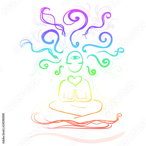 Sitting silhouette of a meditating man with rays on his head. The gradient of the colors of  seven chakras. Isolated template for your design.