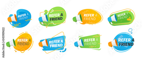 Refer a friend flat icon collection. Dynamic referral program posters for people vector illustration set. Stickers with loudspeaker. Social marketing and recommendation concept