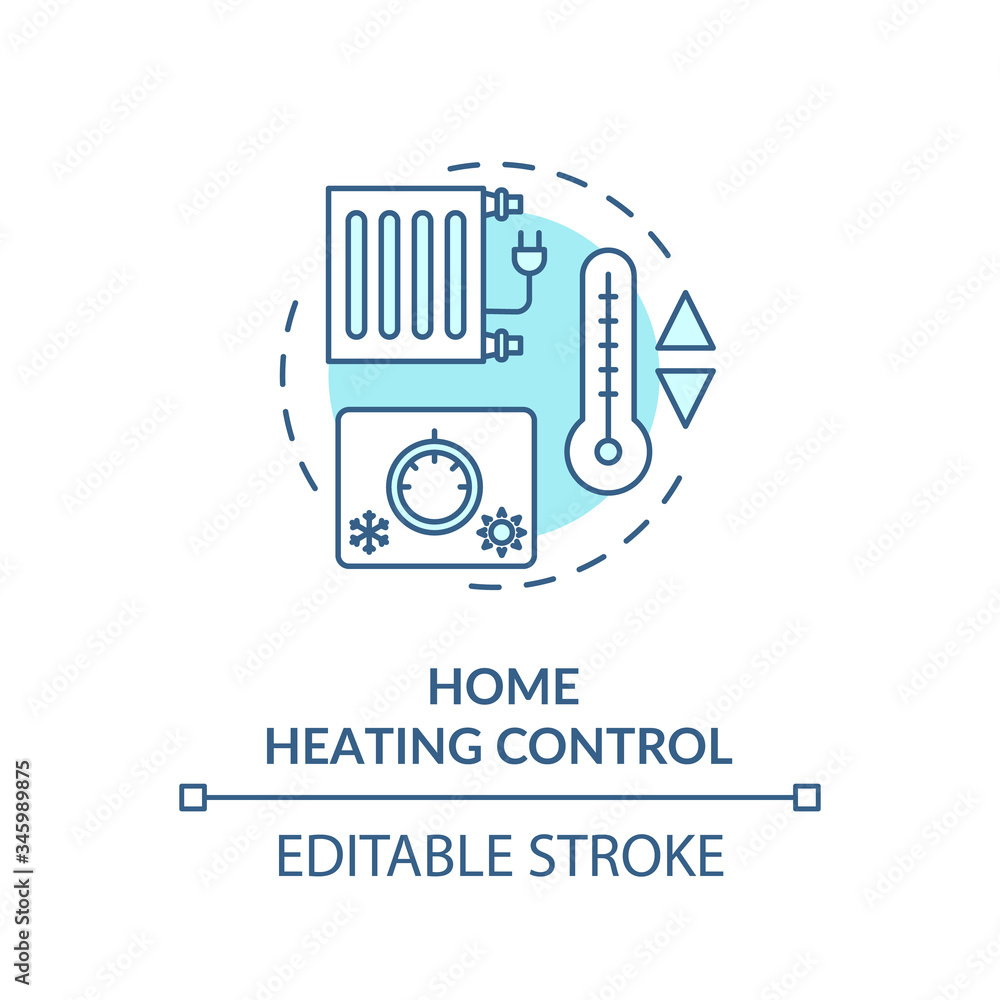 Home heating control turquoise concept icon. Household air conditioning. Smart house system. Resource saving idea thin line illustration. Vector isolated outline RGB color drawing. Editable stroke