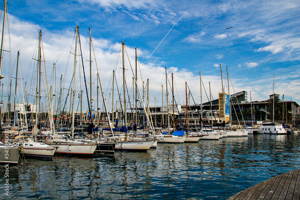 Barcelona Harbour Sail Boats, Blue Catolian Sky, clouds