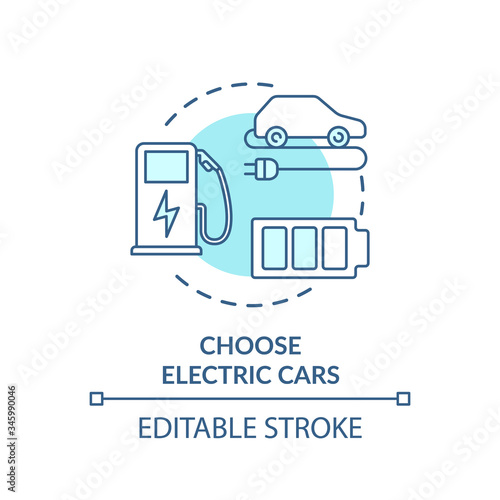 Choose electric cars turquoise concept icon. Charge automobile battery on station. Alternative transport fuel idea thin line illustration. Vector isolated outline RGB color drawing. Editable stroke