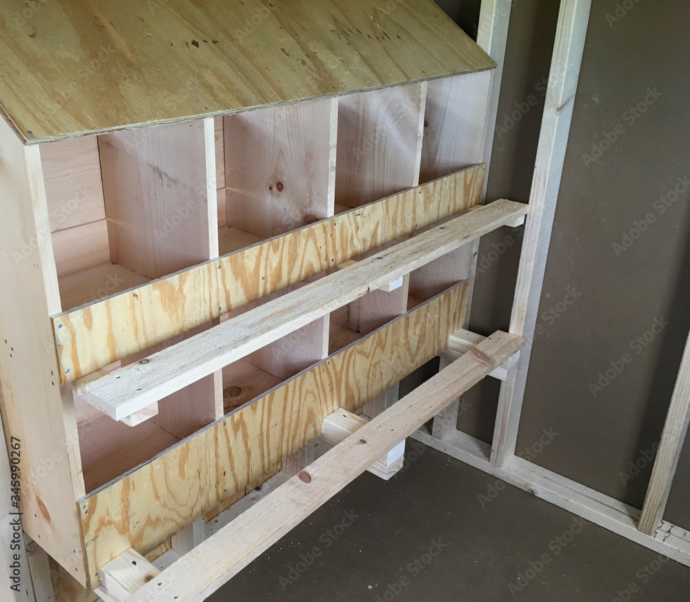 Four New Unused Wooden Nest Boxes for Hens to Lay Eggs on Interior of A