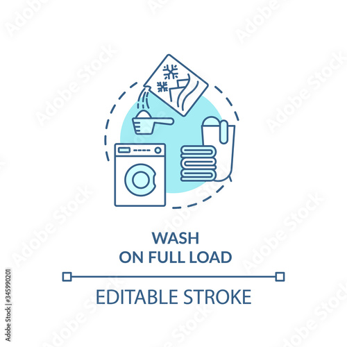 Wash laundry on full load turquoise concept icon. Washing machine usage. Electricity reduce. Resource saving idea thin line illustration. Vector isolated outline RGB color drawing. Editable stroke