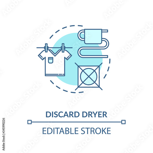 Discard dryer turquoise concept icon. Washed clothes in bathroom. Reduce electricity cost. Resource saving idea thin line illustration. Vector isolated outline RGB color drawing. Editable stroke