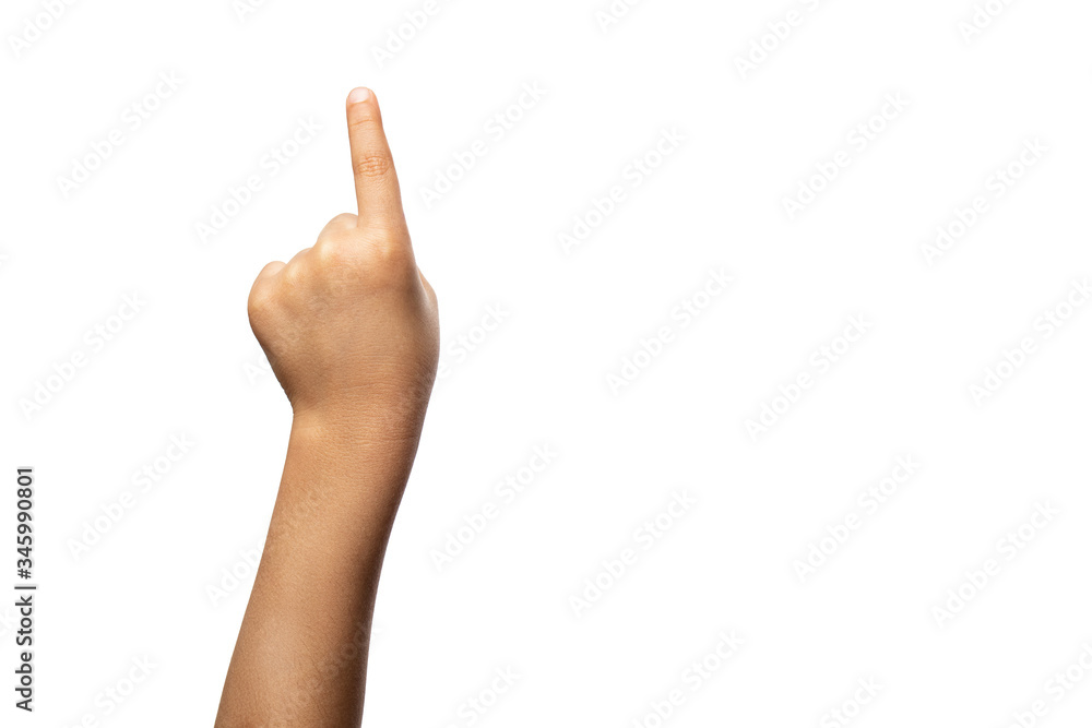 Child hands isolated on white one fingers up Child hands isolated on white one fingers up