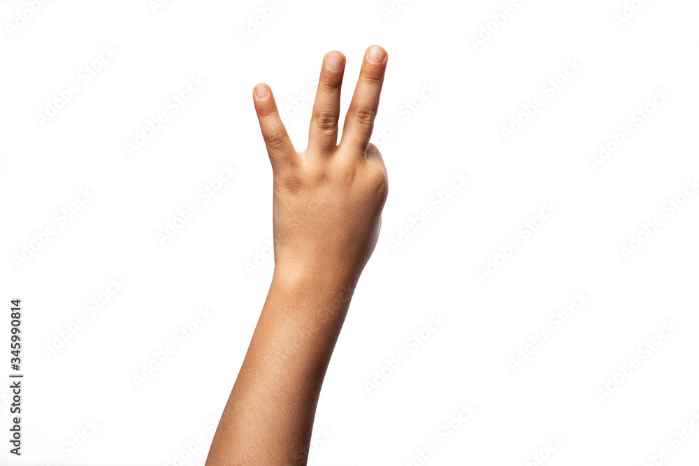 Obraz premium Child hands isolated on white three fingers up